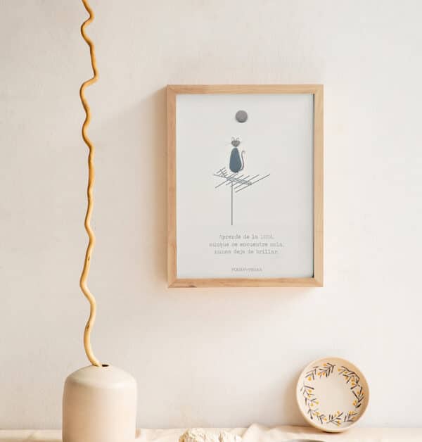 Cuadro artesanal en piedra con dibujo de gato y antena