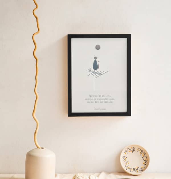 Cuadro artesanal en piedra con dibujo de gato y antena Poesia en piedra